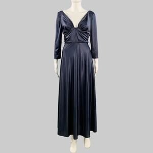 RACHEL COMEY Size 6 Navy Satin V-Neck Midi Evening Gown